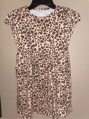 Wonder Nation Girls Cheetah Print Short Sleeve Dress Beige Brown Sz 7/8 Pockets
